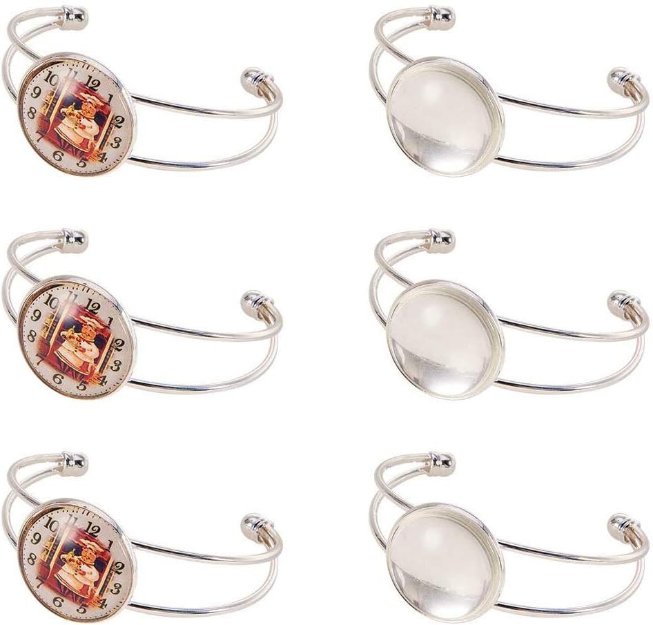 SUNNYCLUE 12pcs Cabochon Bracelet Setting Blank Making Kit Include 6pcs Adjustable Cuff Bangles Bezel Tray & 6pcs 20mm Round Clear Cabochon Glass Dome Photo Jewellery Accessories for Men Women, Silver