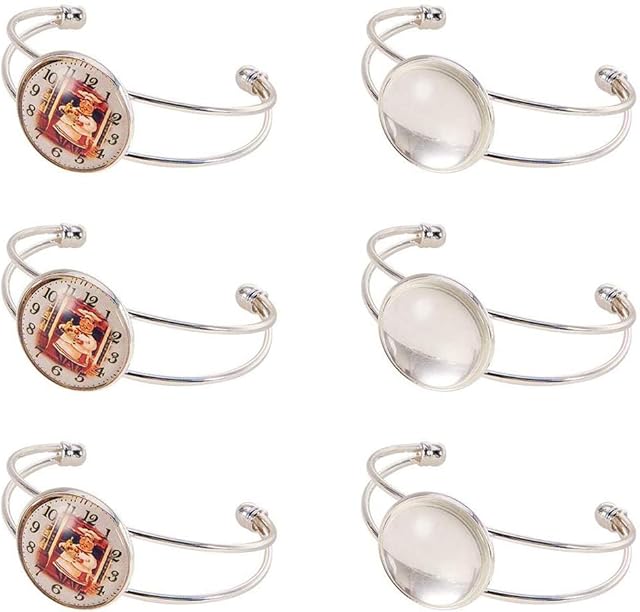 SUNNYCLUE 12pcs Cabochon Bracelet Setting Blank Making Kit Include 6pcs Adjustable Cuff Bangles Bezel Tray & 6pcs 20mm Round Clear Cabochon Glass Dome Photo Jewellery Accessories for Men Women, Silver