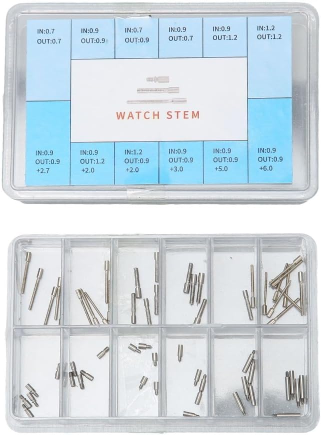 60Pcs Silver Stainless Steel Watch Winding Stem Extender with Storage Box Different Sizes Stem Extender Replacement