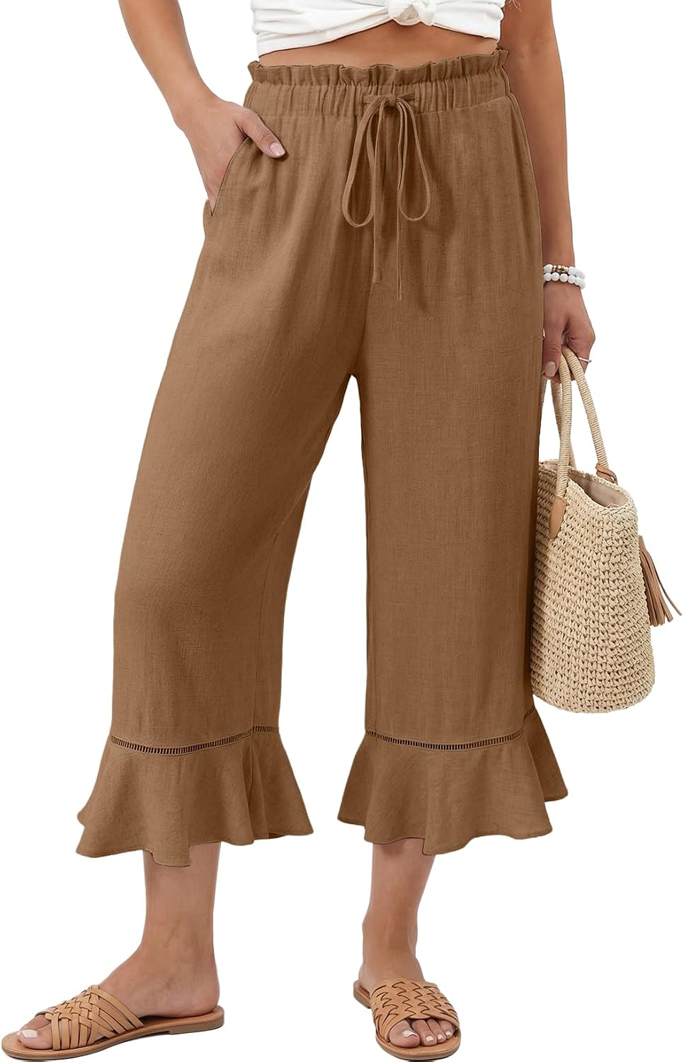 EVALESS Linen Pants Women Summer Casual Wide Leg Drawstring Elastic Waist Ruffle Hem Capri Pants with Pockets