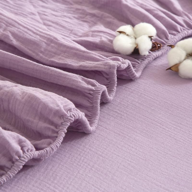 Gezu Muslin Spannbettlaken 140x200cm Lila 100% Baumwolle aus aktmungsaktivem Material Temperaturregulierend Doppelte Muslin Bettlaken Spannbetttuch 140x200 für Hohe Matratze bis 15-30cm