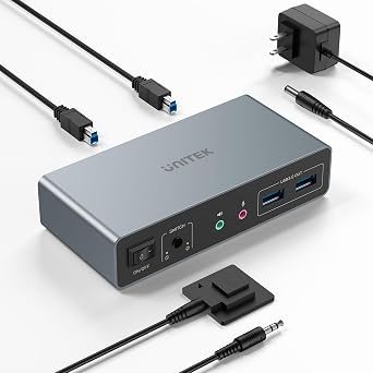 Unitek KVM Switch 2 Monitors 2 Computers 4K@60Hz HDMI+Displayport Dual Monitor KVM Switches 3 USB Ports for Sharing Keyboard Mouse Hard Drives Mic Headset 2 USB-B Cable DC 5V Adapter Controller