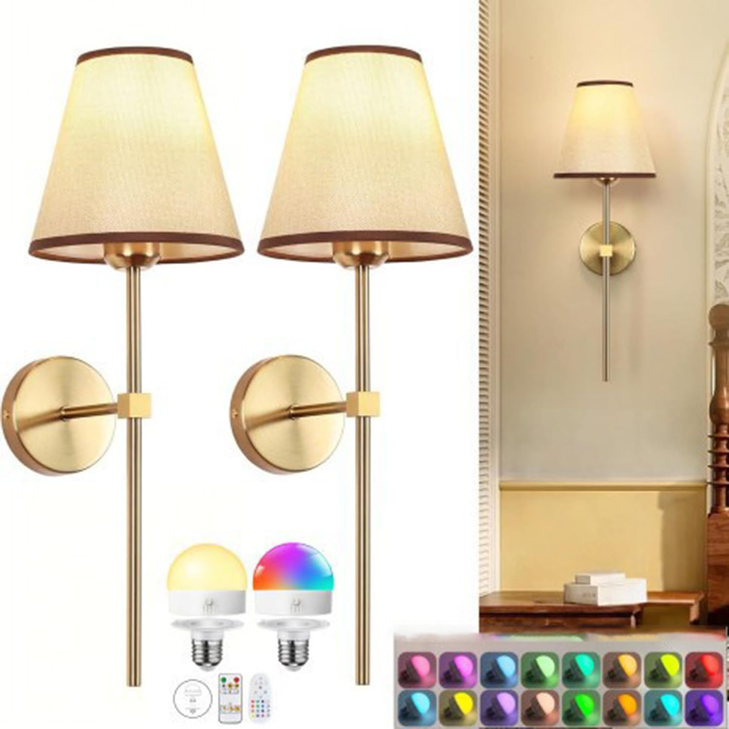 Applique da Parete Senza Fili con Telecomando, Lampadina dimmerabile Ricaricabile Tramite USB, Paralume in Tessuto Bianco e Oro Vintage per Soggiorno e Camera da Letto.