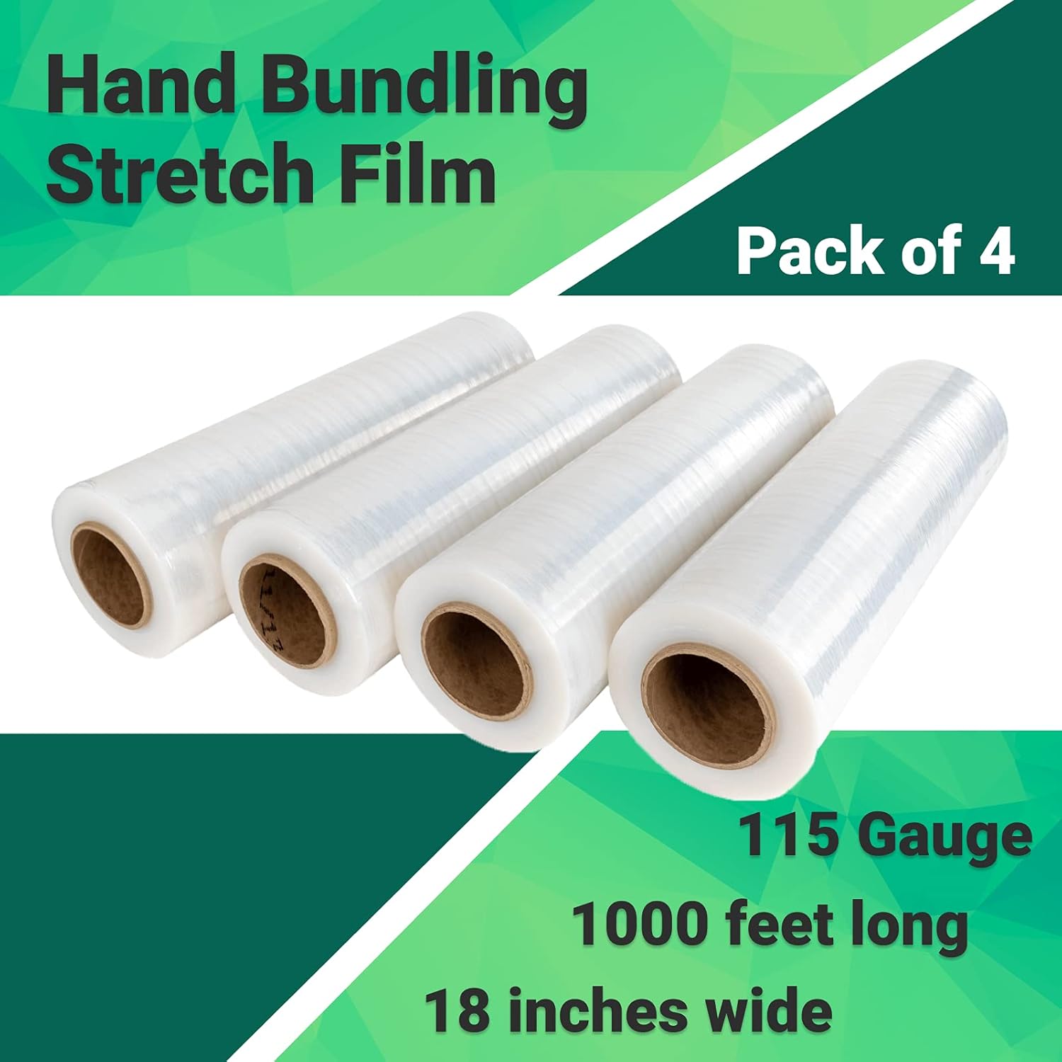 IDL Packaging 18" x 1000' 115 Gauge Strong Hand Stretch Wrap Roll (Pack of 4 Rolls) - Extra Sticky Clear Stretch Wrap Film for Moving and Packing - Tear-Resistant Plastic Wrap for Moving and Shipping