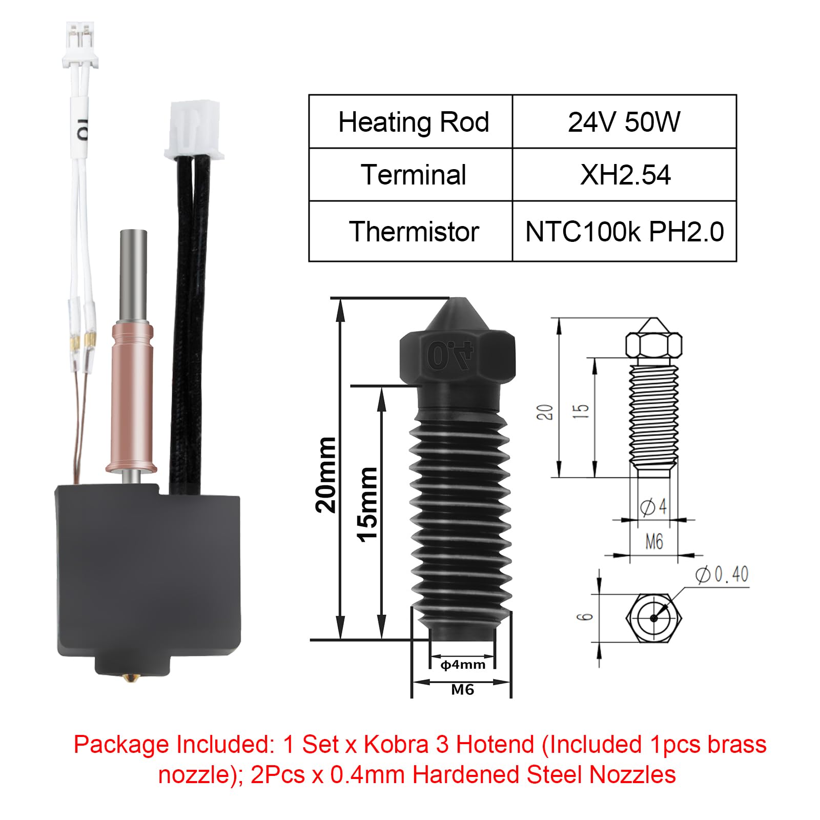 IdeaFormer Kobra 3 Hotend Zestaw z 2 dyszami z twardej stali 0,4 mm, blok grzewczy Termistor Hartowana stalowa dysza do wytłaczarki Hot end Kit do Anycubic Kobra 3/Kobra 3 Combo
