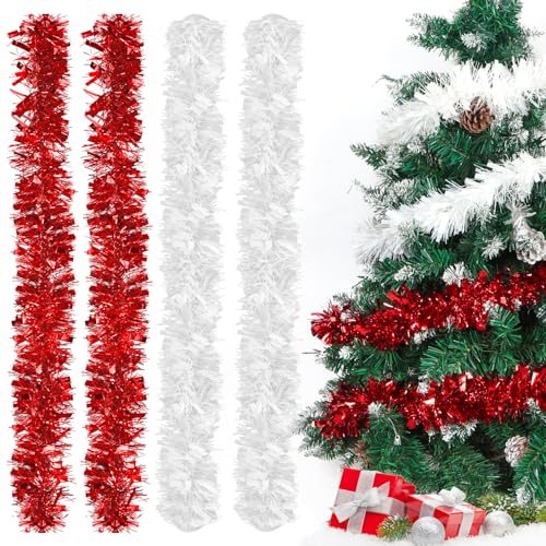 Guirlande de Noel Sapin, Guirlandes Sapin Tinsel Noël, Guirlande Tinsel Métallique Scintillantes Rouge Blanc
