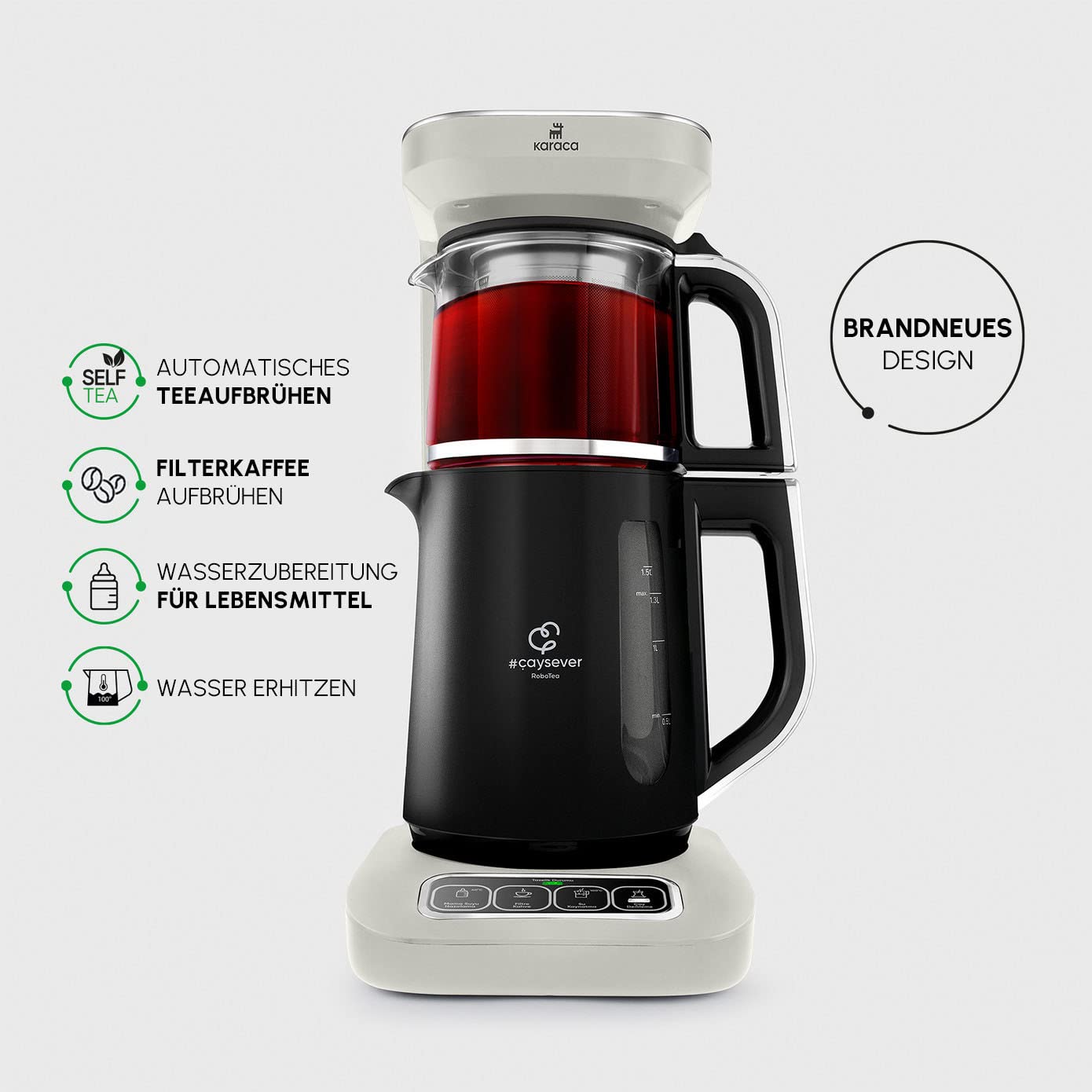 Karaca Çaysever Robotea Pro 4 w 1 automatyczny szklany zaparzacz do herbaty, czajnik i ekspres do kawy, 2500 W, ze wskaźnikiem świeżości, funkcją podgrzewania wody dla niemowląt i prowadzeniem