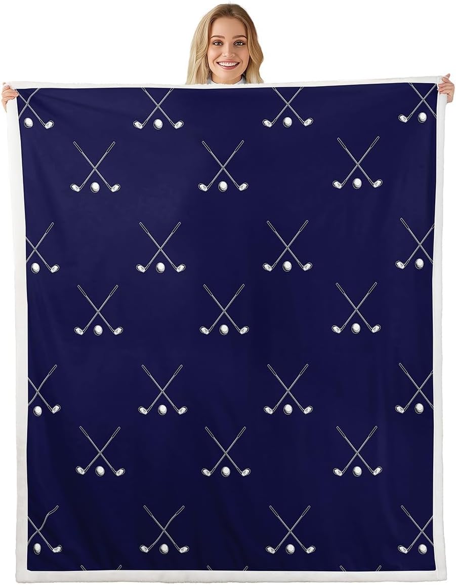 Homewish Golf Sports Bed Blankets,Men Golf Player Throw Blankets,Sketch White Golf Print Fleece Blanket for Kids Teens Boys Adult Room Decor,Fashion Dark Blue Sherpa Blanket,for Chair/Sofa,60"×80"