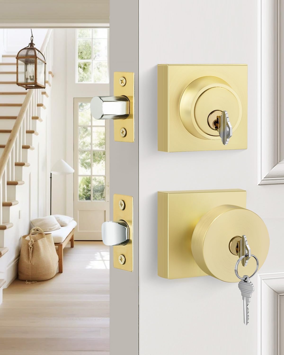 Goldenwarm Exterior Door Lock Set with Deadbolt, Zinc Alloy Brushed Gold Deadbolt Lock and Door Knob Set, Brushed Brass Front Door Knob and Deadbolt Set with Lock and Key (1 Pack)