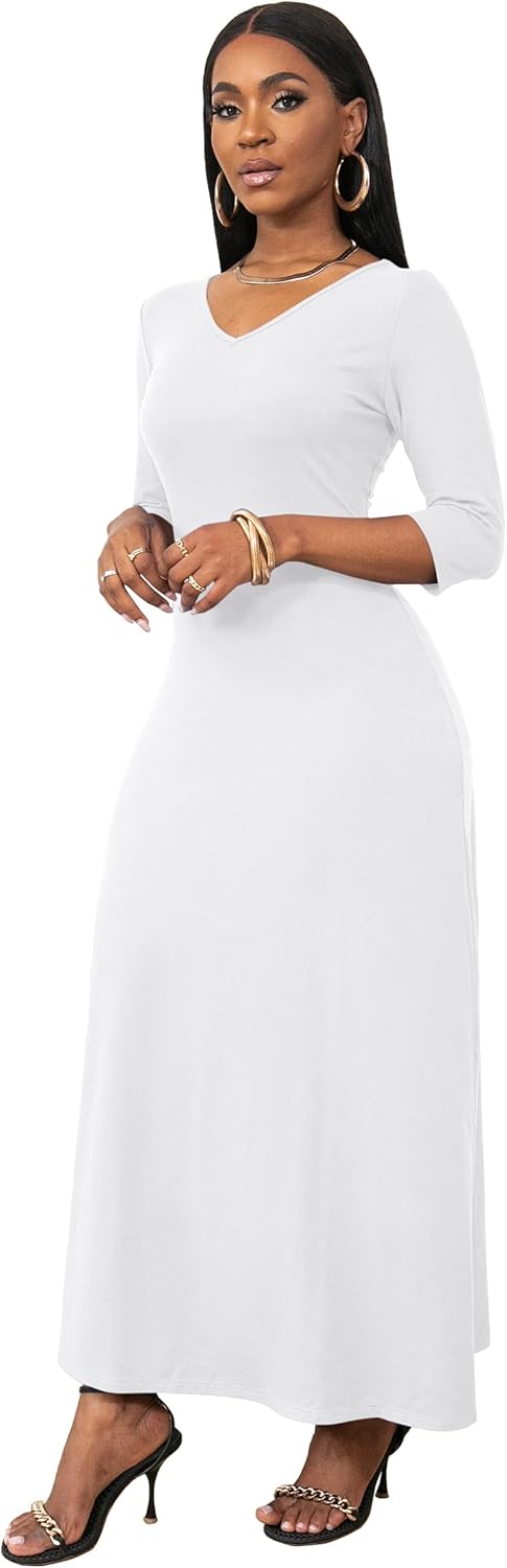 FANDEE Maxi Dress for Women 3/4 Sleeve Maxi Dresses V Neck Casual Loose Long T Shirt Dresses Basic (M-3XL)