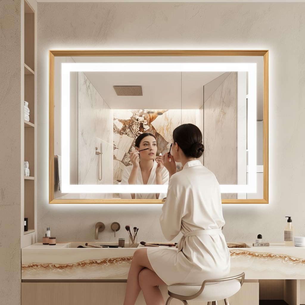Specchio da parete a LED 70 x 100 cm con cornice in legno – Illuminazione incorporata luce calda o bianca – Pulsante touch, funzione disappannamento e striscia LED impermeabile – ideale per