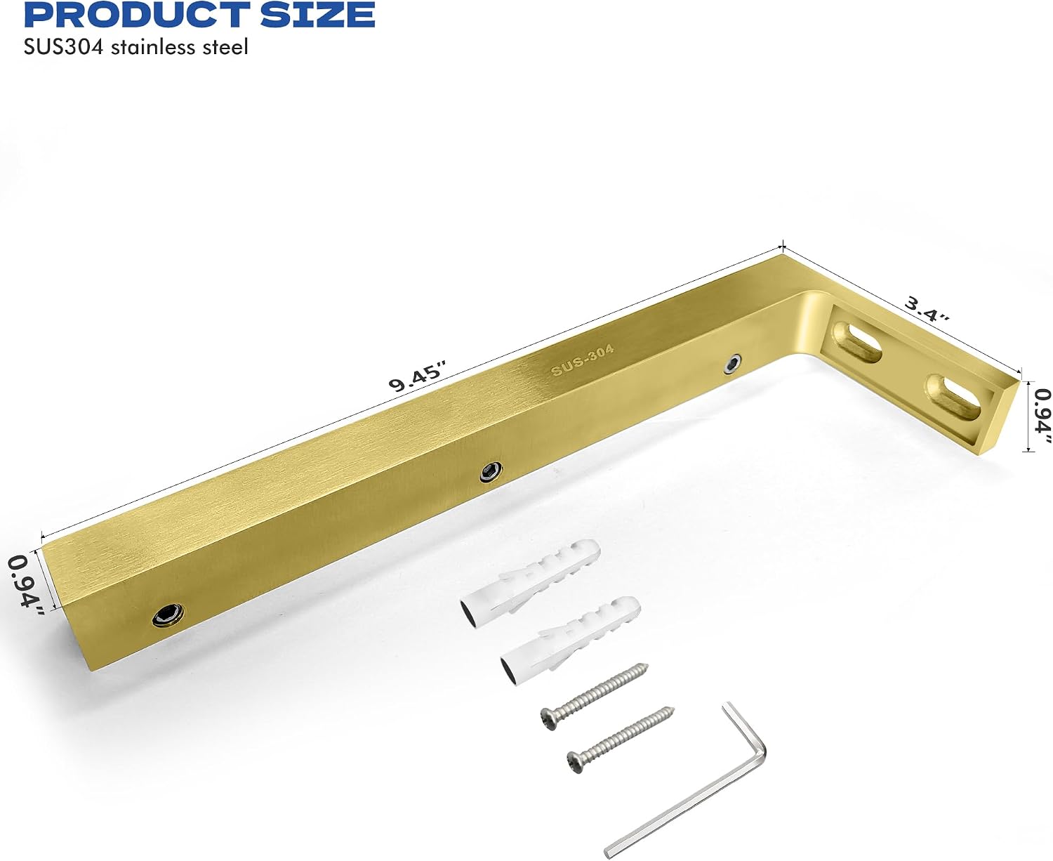 Shower Door Support Bracket, Stainless Steel Stabilizer Brace for 1/4"(6mm) 5/19"(8mm) 1/2"(10mm) Framless Shower Glass Door, 9.45 Inch Long, 3.4 Inch Left Bar, Brushed Gold