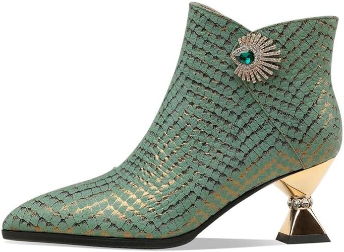 TinaCus Handmade Women's Genuine Leather Rhinestones Printed Side Zipper Pointed Toe Mid Spool Heel Ankle Boots Shoes