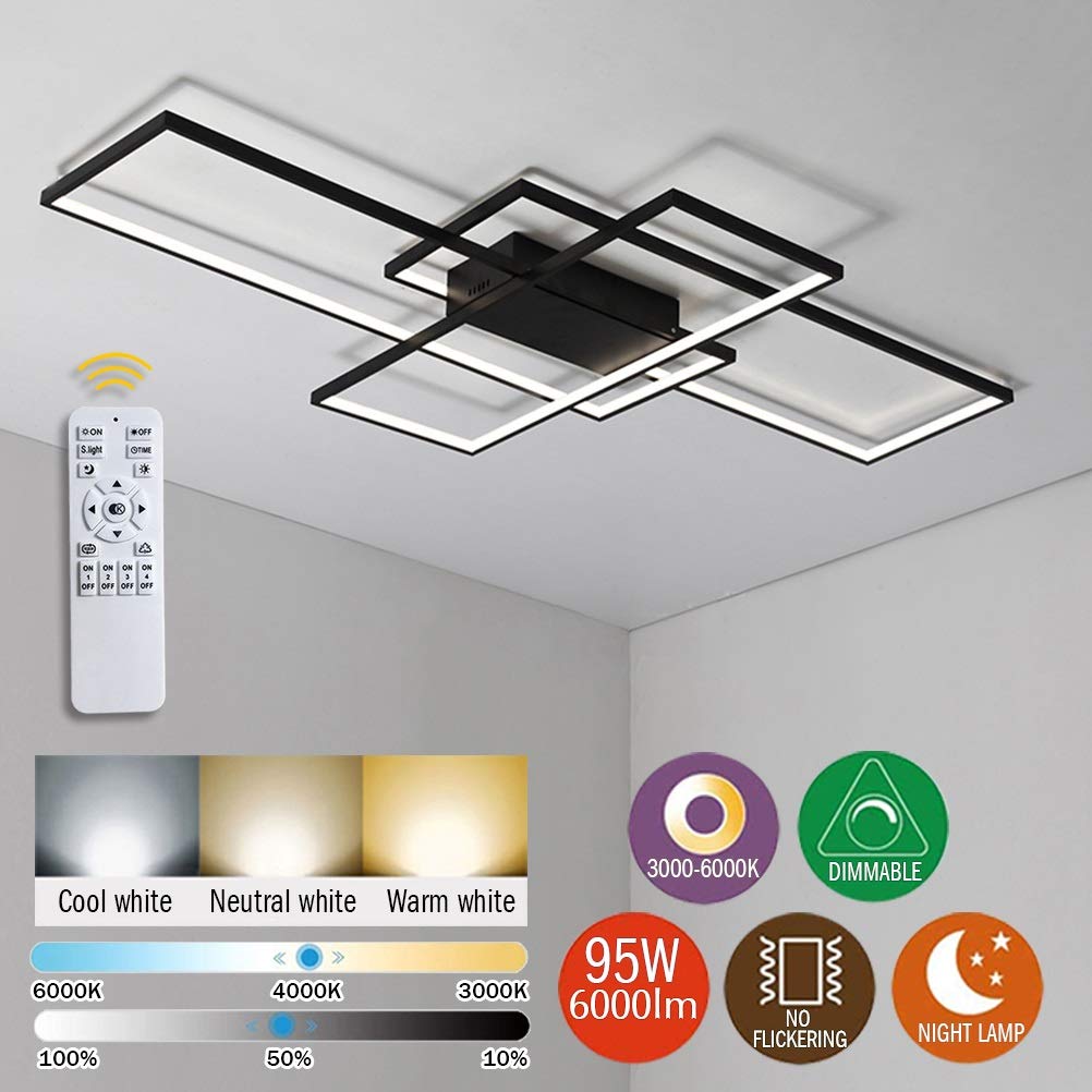 95W LED Lampada da soffitto Plafoniera a LED Soggiorno Dimmerabile con telecomando Soffitto Lamp Moderno Rettangolo Quadrato Designer nero Lampadari per Camera da letto Cucina Sala da pranzo Ufficio