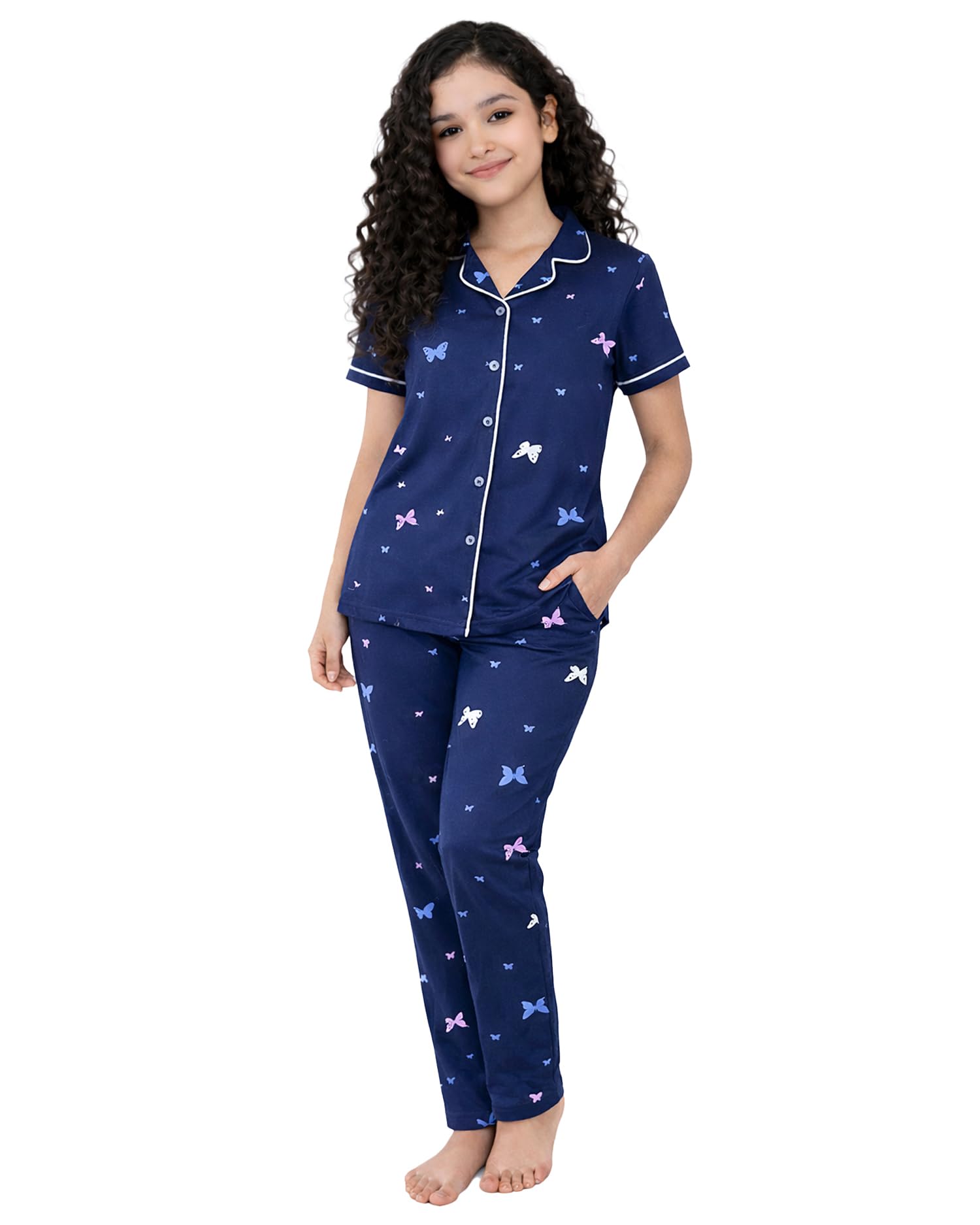 Kuchipoo Girls 100% Cotton Night Suit Set | Soft & Breathable Printed Pyjama Set | Half Sleeve Button Down Sleepwear for Girls