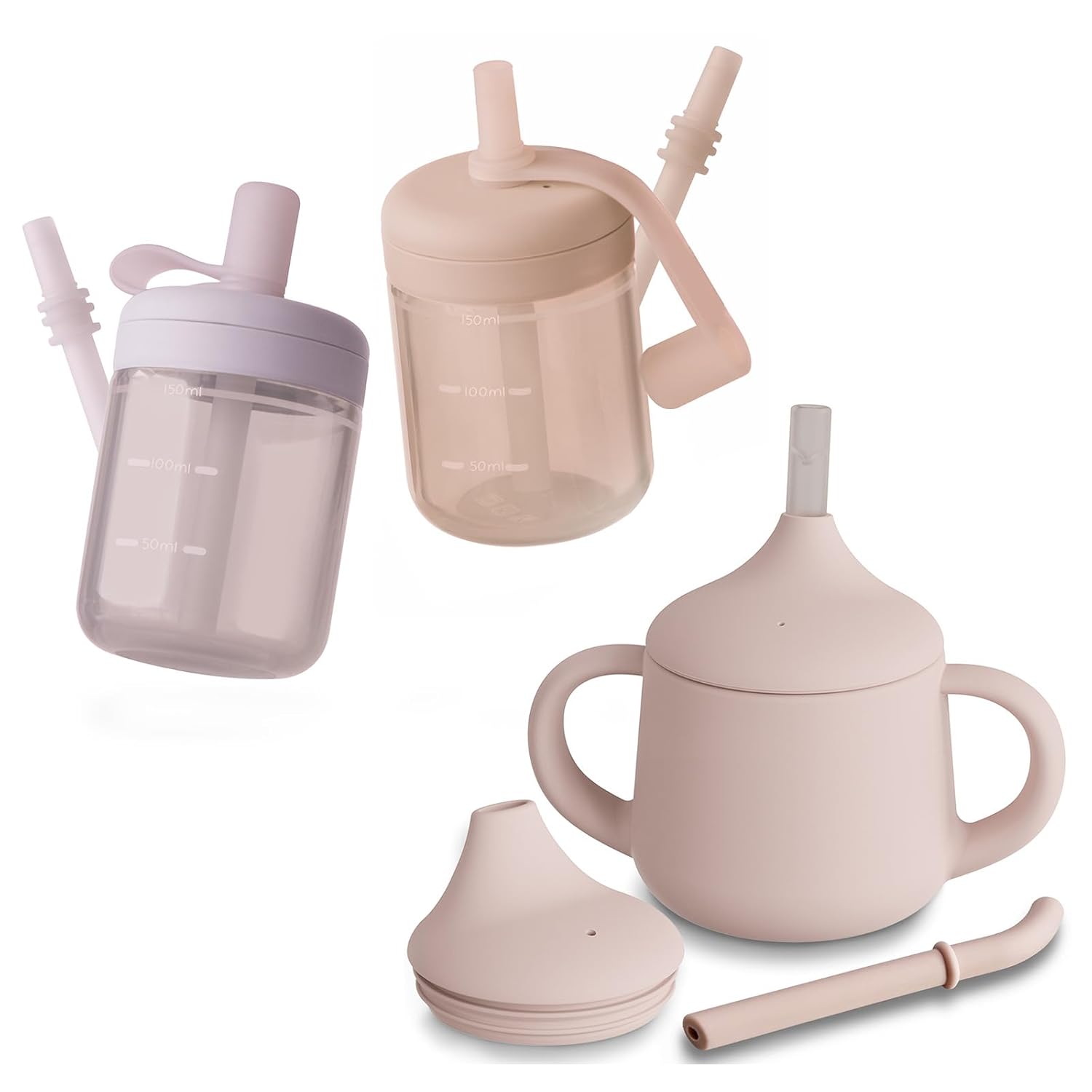 Moonkie Baby Straw Cup & Silicone Sippy Cup Set | 5oz & 4oz Toddler Training Cups | BPA-Free, Drop-Proof, Food-Grade Silicone | 3-Stage Sippy Cups for Infants & Toddlers | Baby Led Weaning, 2-Pack