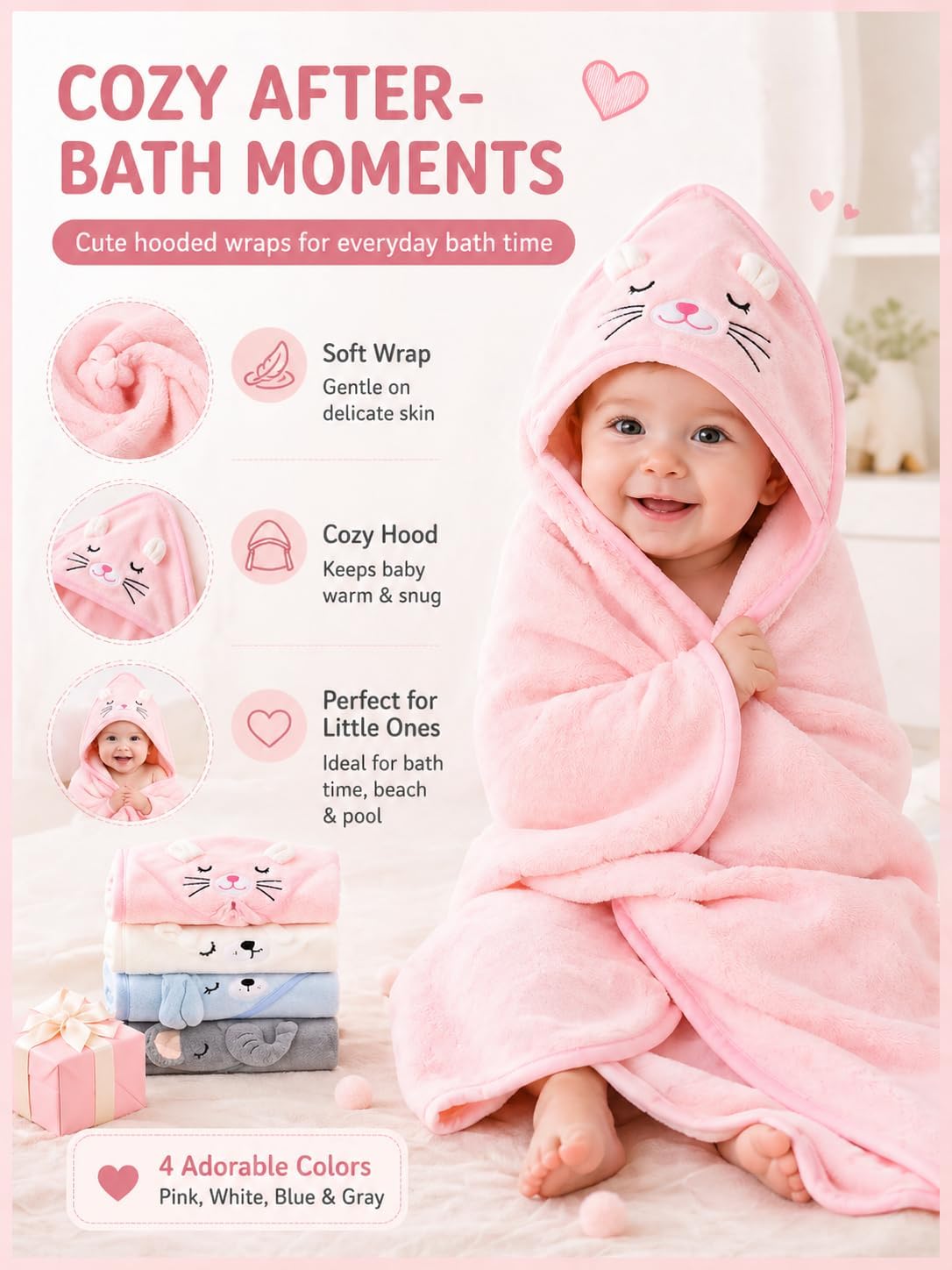 4-Pack Hooded Baby Towels, Premium Soft & Ultra Absorbent Bath Towel for Newborn, Infant, Toddler - Essential for Boys and Girls (Pink+White+Blue+Gray-4pack)