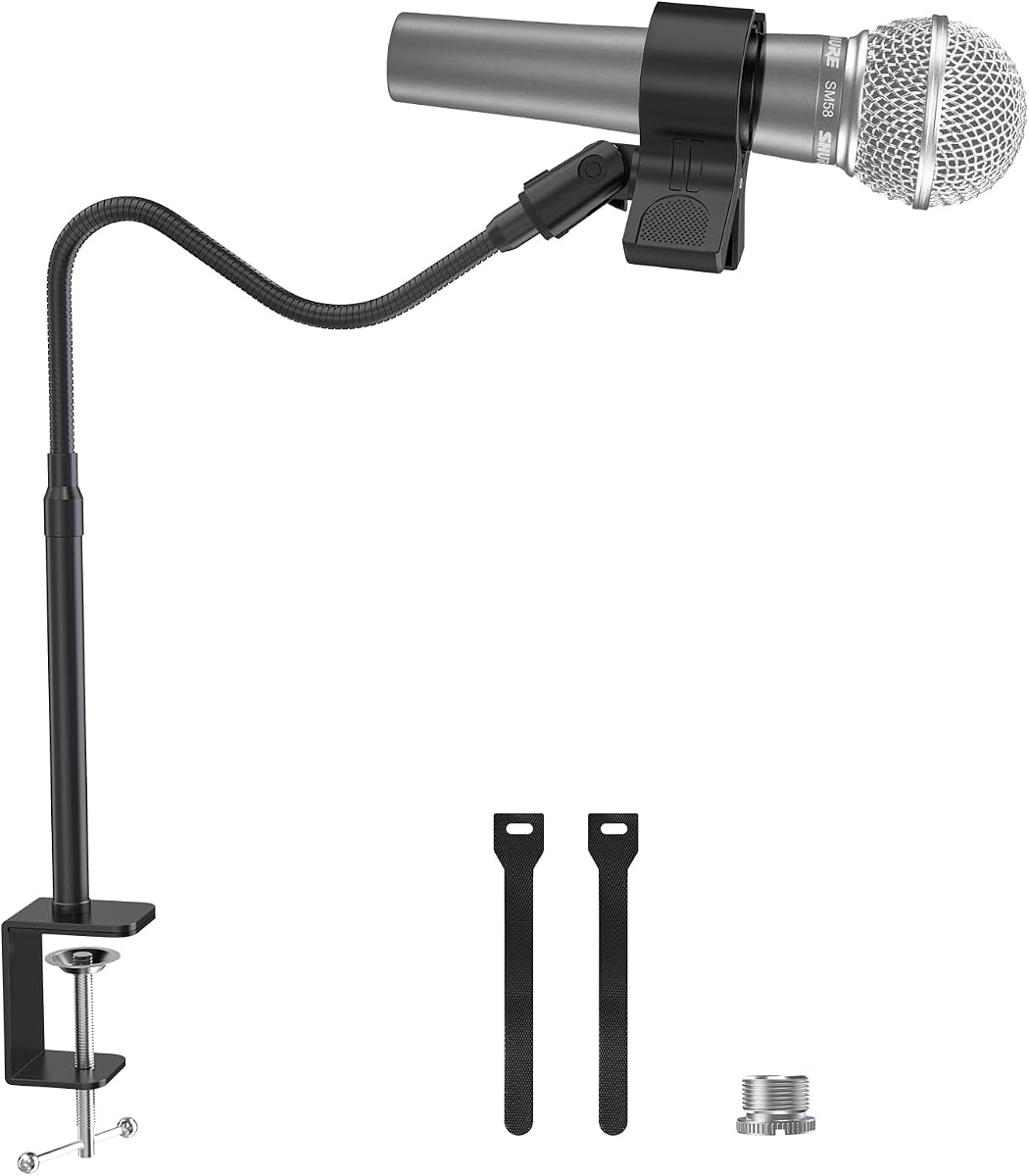 ZealSound Microphone Stand Gooseneck, 19-Inch Mic Arm Stand with Adjustable Microphone Clip Holder and 3/8" to 5/8" Screw Adapter for Blue Yeti Shure Fifine Podcast Streaming Gaming