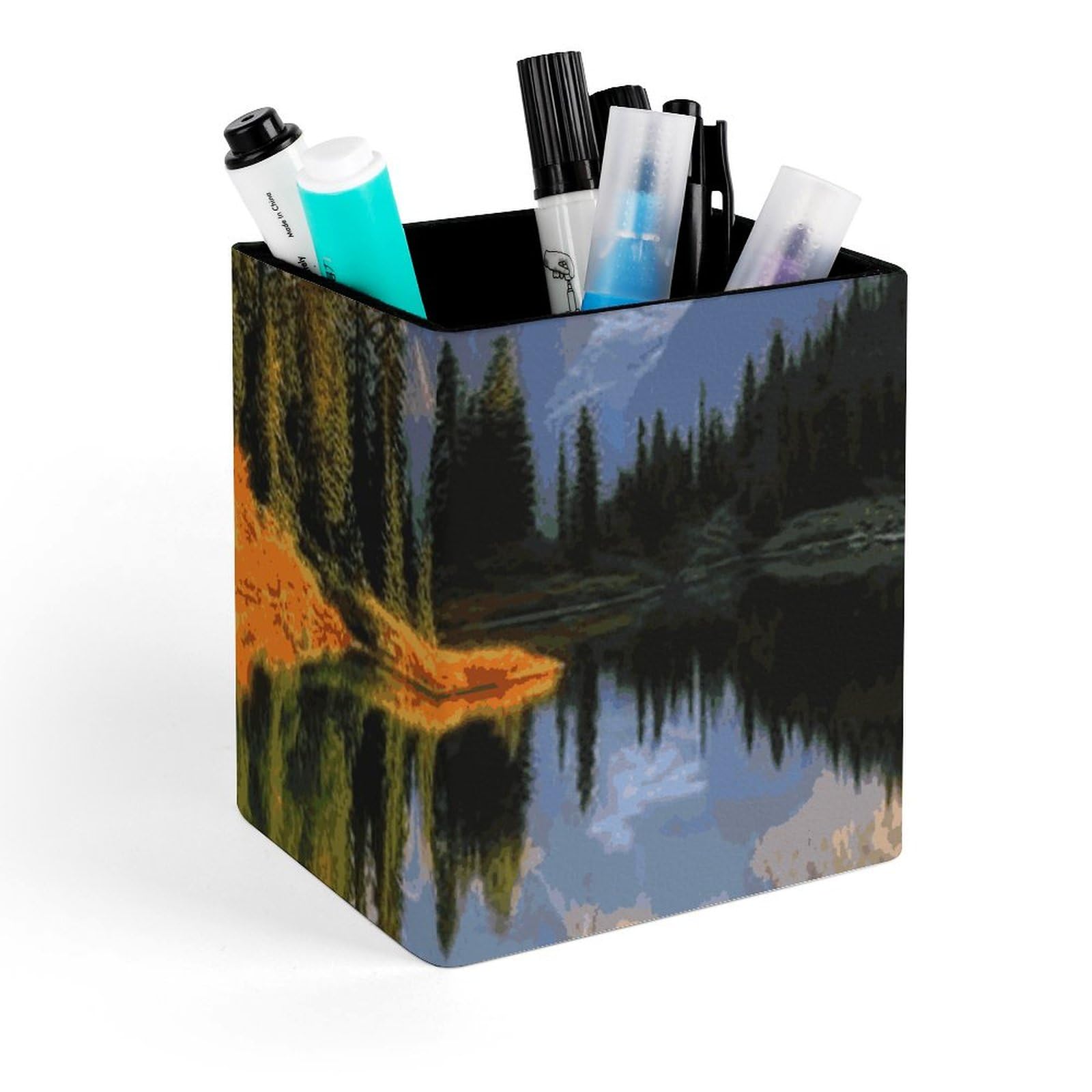 Porte-stylo carré en cuir avec décor de montagne et lac idéal pour bureau