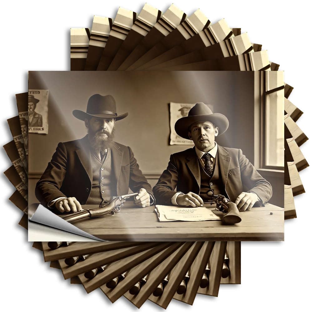 Vintage Home Decor Decal Durable Bottle | Two Men in Cowboy Hats Holding Guns. Autumn Self Adhesive Sticker for Winter DIY(8X12CM)