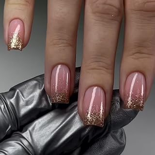 Ombre Pink Gold Press on Nails Square Short Medium Fake Nails Pretty Stick on Nails With Simple Designs for Women Full Cover Artificial Glue on Nails Diy False Nails for Wedding Birthday Prom 24pcs