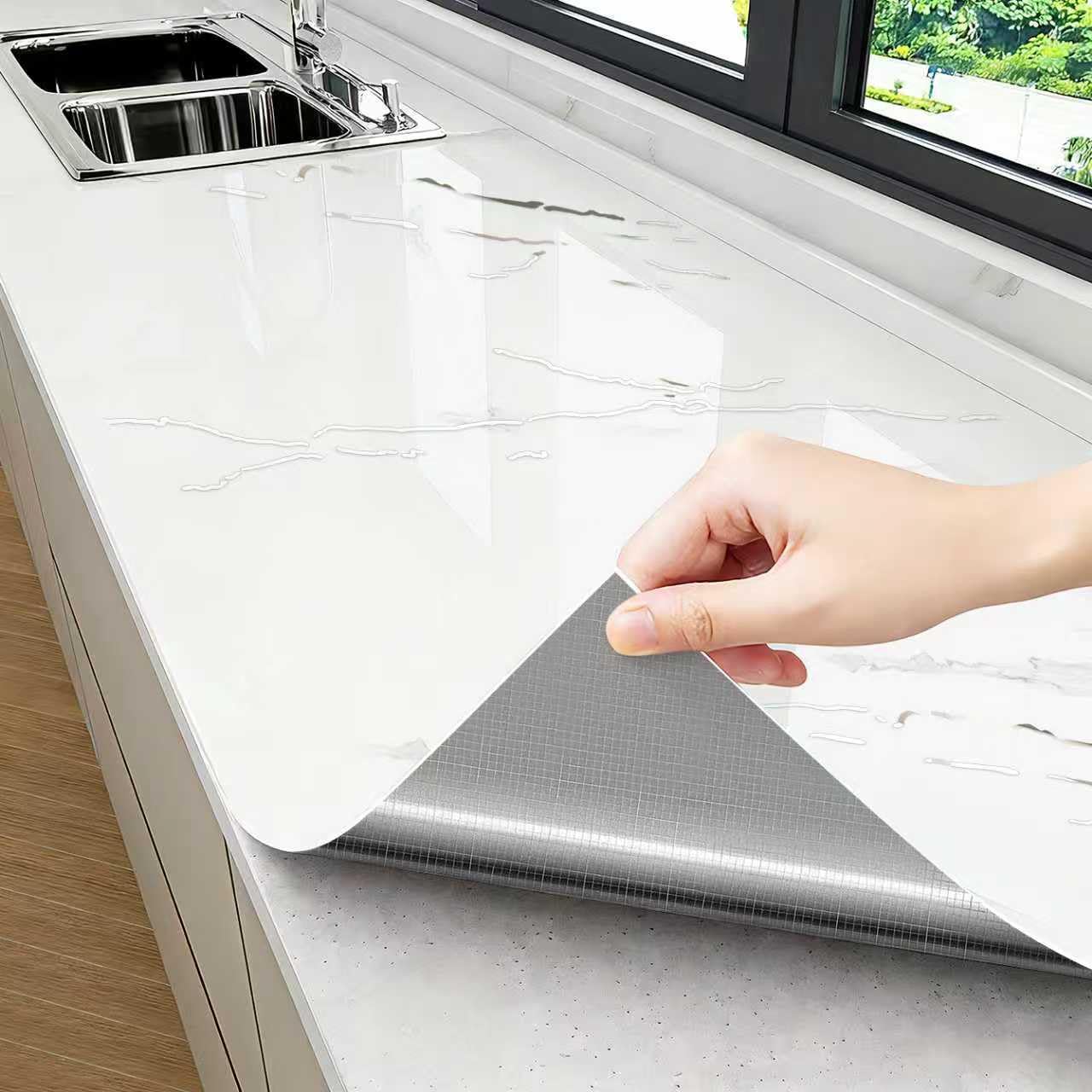 Thick Glossy White Silver Marble Peel and Stick Kitchen Sticker for Countertop and Cabinet Waterproof Removable Marble Contact Wallpaper with Air Guide Slot Self-Adhesive Furniture Sticker23.6 x393.7