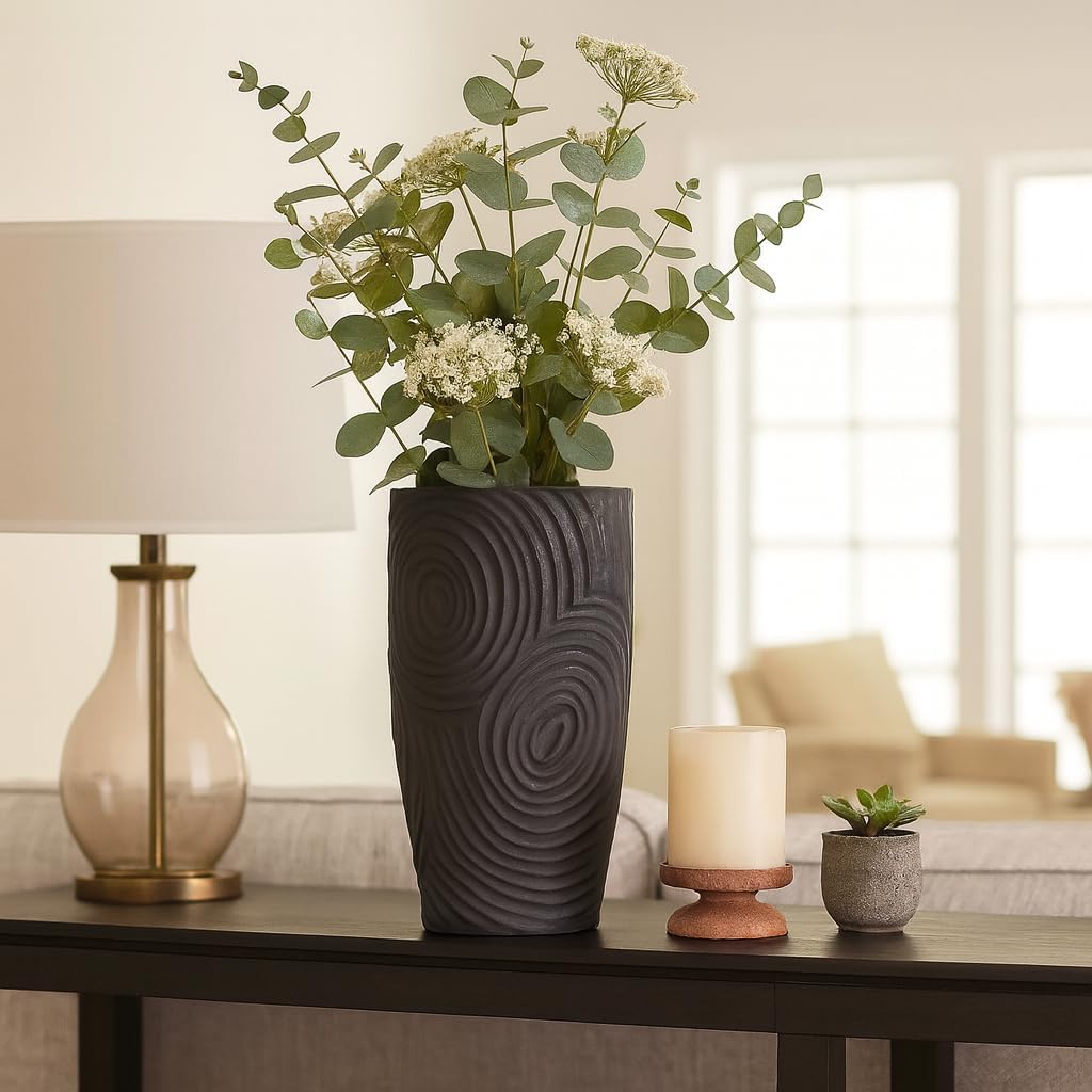 Artistic Large Swirl Texture Vase for Living Room Decor - Decorative Home Accent for Bedroom, Office Spaces, and Table - Modern Sculptural Flower Vase for Shelf and House Decor - 16" Black