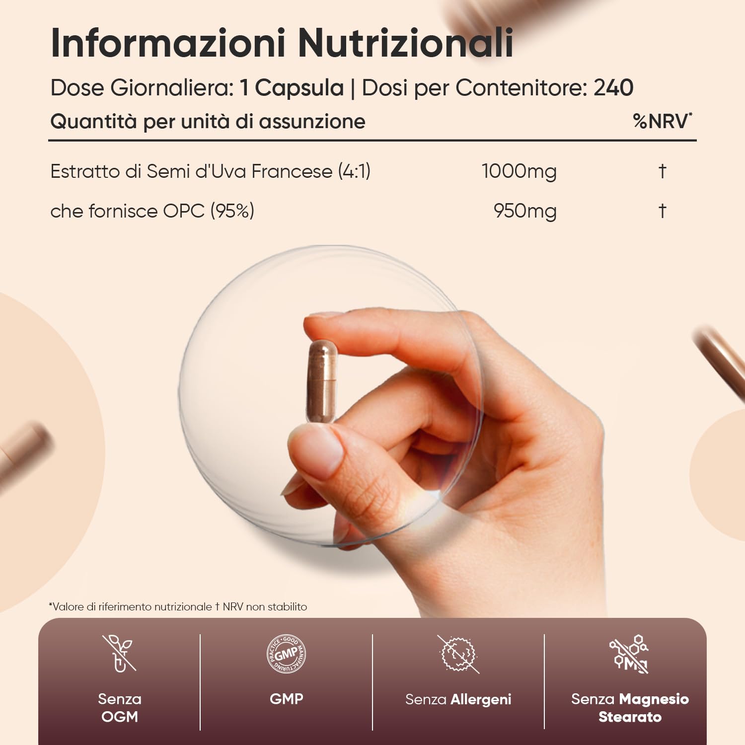 OPC Integratore al 95%, in 240 Capsule Vegane, Solo 1 al Giorno (8 Mesi di Fornitura), Estratto Semi Uva Francese (Grape Seed Extract) 4:1, 1000mg per Capsula, Privo di Magnesio Stearato e Allergeni