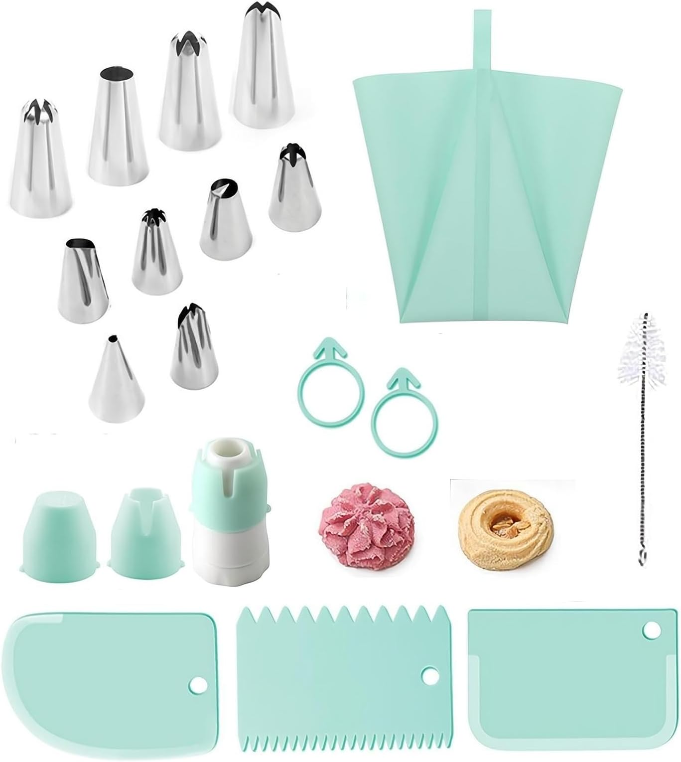 18Pcs Cake Decorating Kits, Including 10 Piping Tips, 3 Scrapers, 2 Silicone Rings, Piping Bag, Multi-Purpose Coupler, Cleaning Brush, for DIY Cupcake Decorating Cookie Pastries(Green)