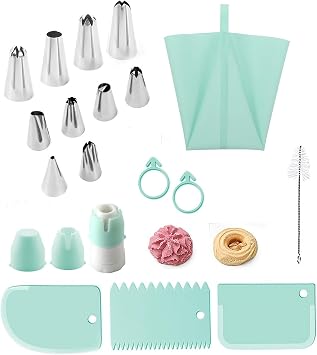 18Pcs Cake Decorating Kits, Including 10 Piping Tips, 3 Scrapers, 2 Silicone Rings, Piping Bag, Multi-Purpose Coupler, Cleaning Brush, for DIY Cupcake Decorating Cookie PastriesGreen