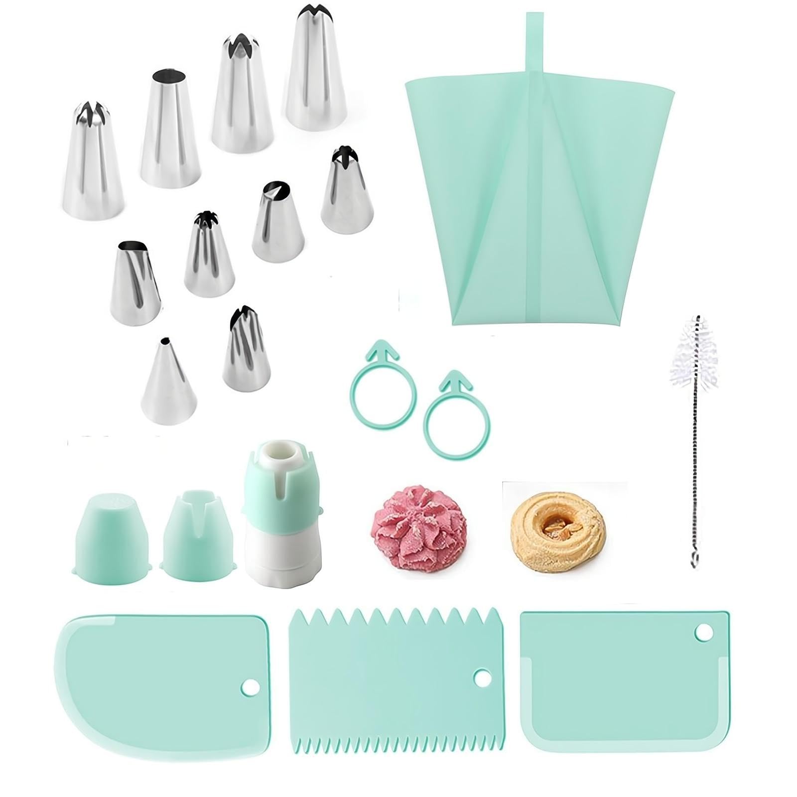JasCherry 18Pcs Cake Decorating Kits, Including 10 Piping Tips, 3 Scrapers, 2 Silicone Rings, Piping Bag, Multi-Purpose Coupler, Cleaning Brush, for DIY Cupcake Decorating Cookie Pastries(Green)