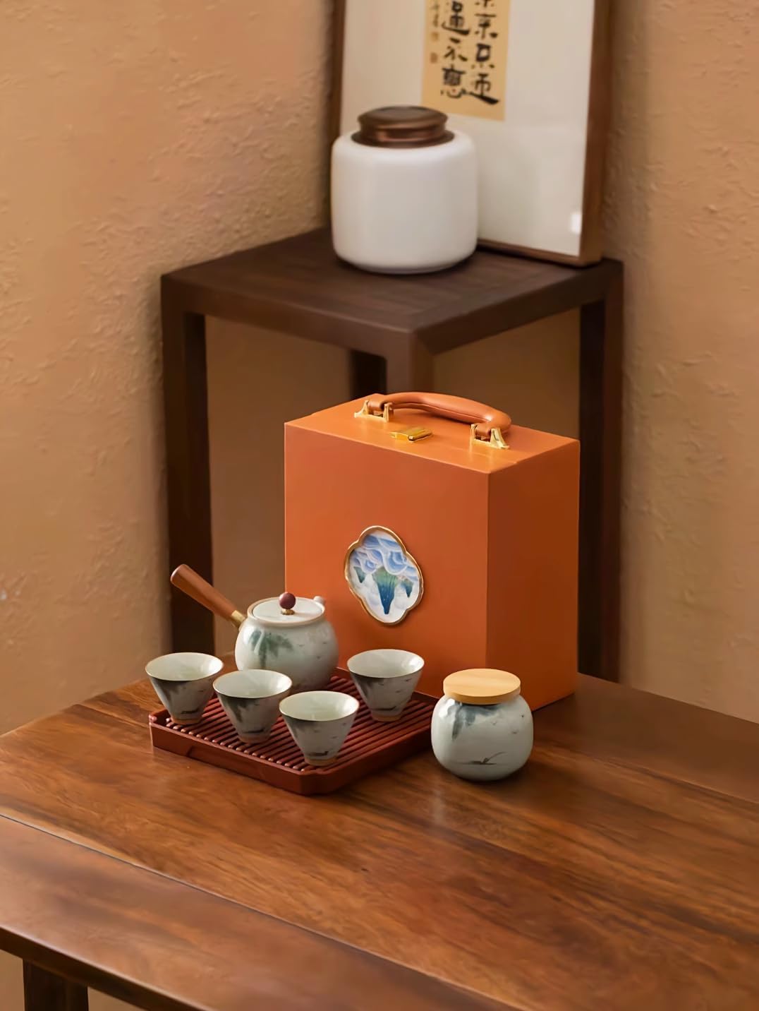 Travel Tea Set, 1 Teapot 4 Cups, Blue White Ge Kiln-set5