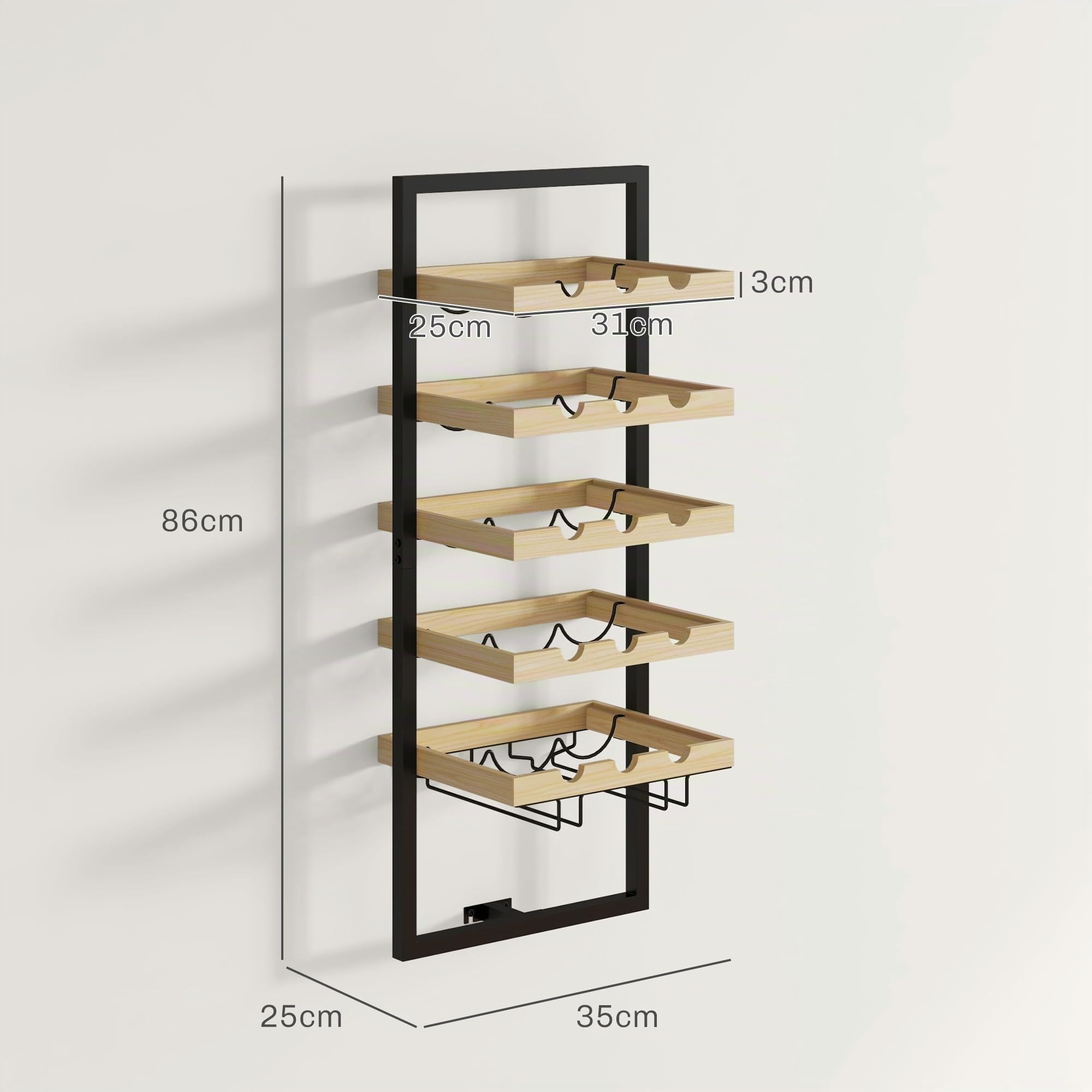 HOMCOM Étagère à vin Murale, Porte-Bouteilles, étagère à Bouteilles 5 Niveaux pour 15 Bouteilles 4 Verres, Bois de pin, 35 x 25 x 86 cm