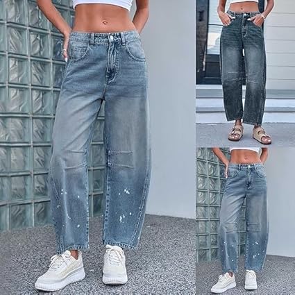 Y2k Baggy Jeans voor dames, wijde pijpen, middelhoge taille, denimbroek, Boyfriend Cropped Barrel Jeans met zakken (lichtblauw, M