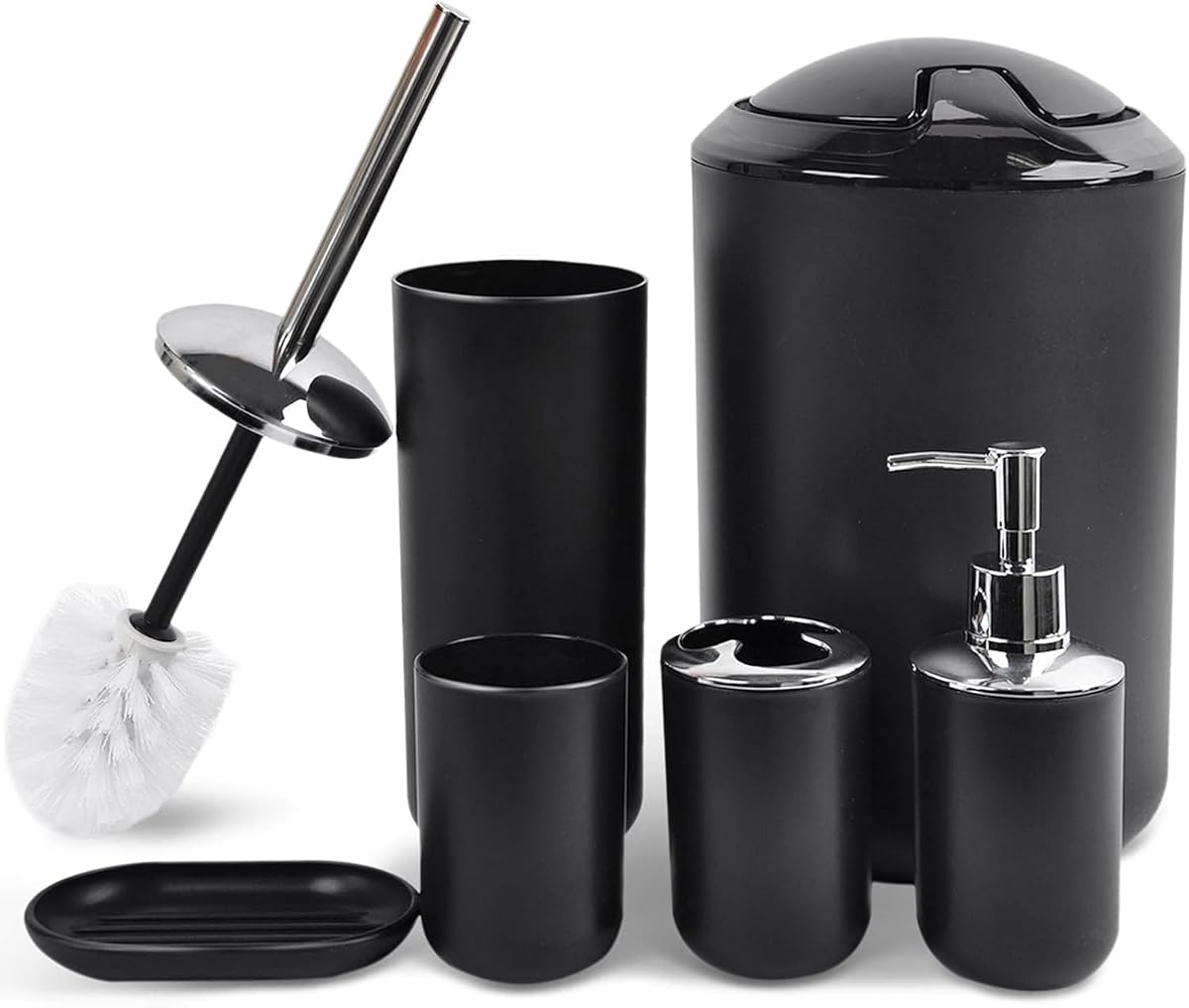 Bathroom Accessories Set 6 Piece Bath Ensemble, Shiny Black | Includes Soap Dispenser, Toothbrush Holder, Toothbrush Cup, Soap Dish for Decorative Countertop and Housewarming Gift