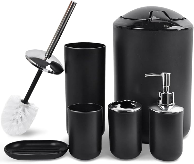 Bathroom Accessories Set 6 Piece Bath Ensemble, Shiny Black | Includes Soap Dispenser, Toothbrush Holder, Toothbrush Cup, Soap Dish for Decorative Countertop and Housewarming Gift