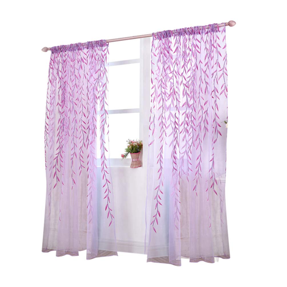 WINOMO Salix Foglia Modello Della Finestra Salice Pannelli Della Finestra Tende Tende Pura Voile Tulle per Soggiorno Camera Da Letto Balcone 106X39 Pollici (1 pz, Viola)