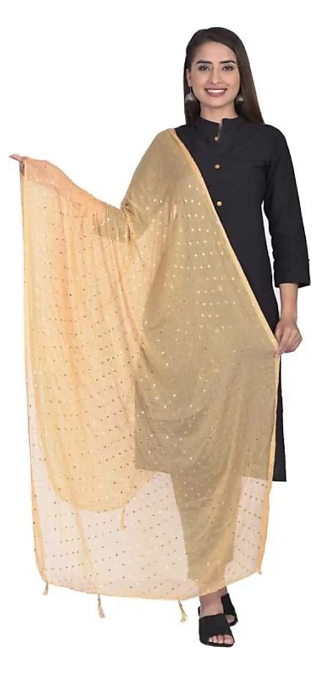 Women's Chiffon Gold Printed Dupatta With Hangings | Casual Ethnic Chunni - Dupattas for Girls | Free Size-image-35
