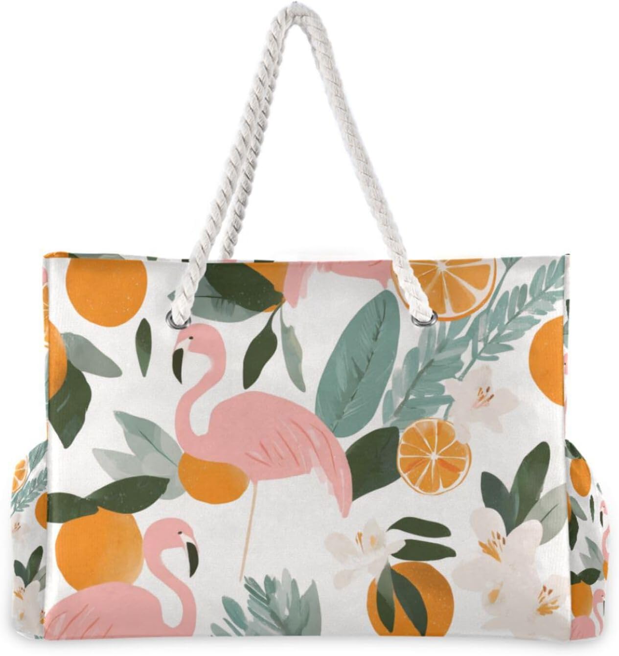 Orange Flamingos Flower Patterns Beach Bags for Women Ladies Large Canvas Tote Shoulder Bag Waterproof Travel Bags for Gym Swim Pool Camping