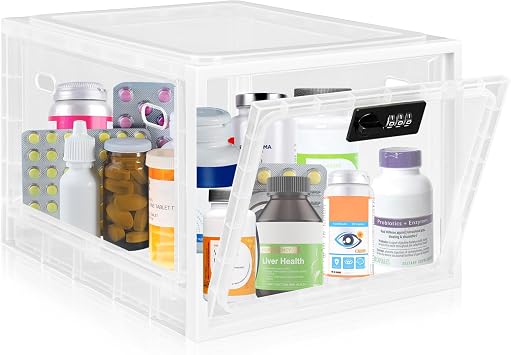 Medicine Lock Box for Safe Medication, Premium Material Lockable Storage Box Locking Organizer Bin with Combination Code for Fridge Food/Snacks/Phone/Tablet Jail/Home/Office Storage Lockers