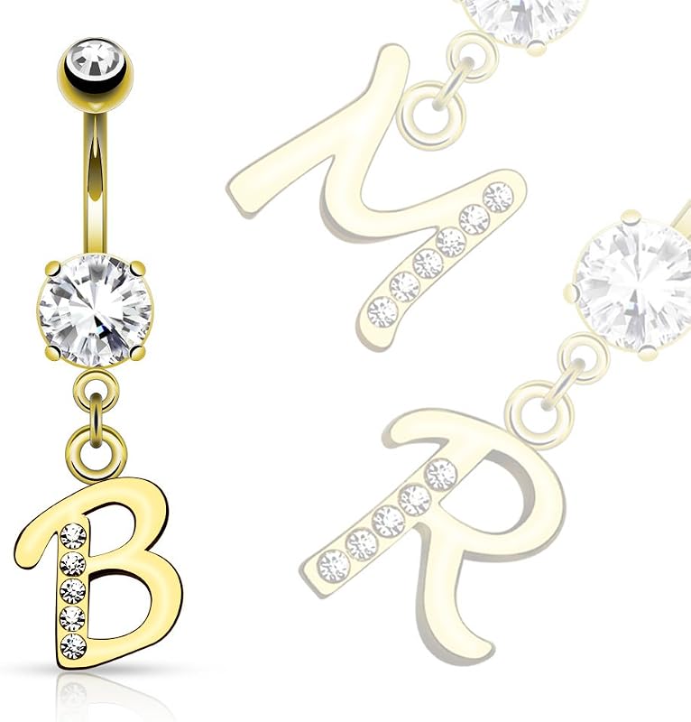 (1 piece) GOLD Plated LETTER Initial Dangle Belly Ring 14g (B/1/4)