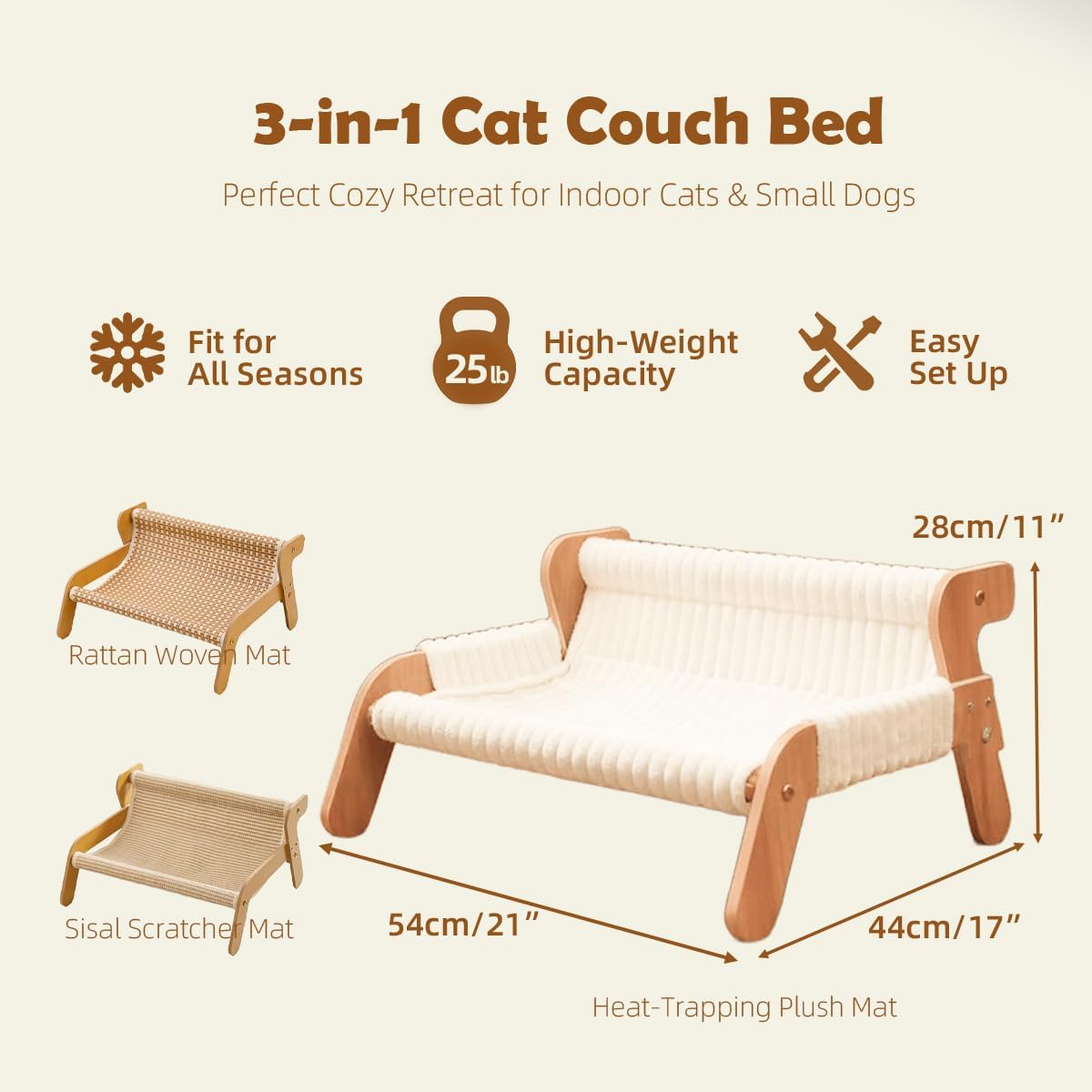 3-in-1 elevated cat couch bed for indoor cats– wooden pet sofa with removable plush cover, sisal scratcher & rattan mat – raised kitty lounge chair for indoor cats and small dogs