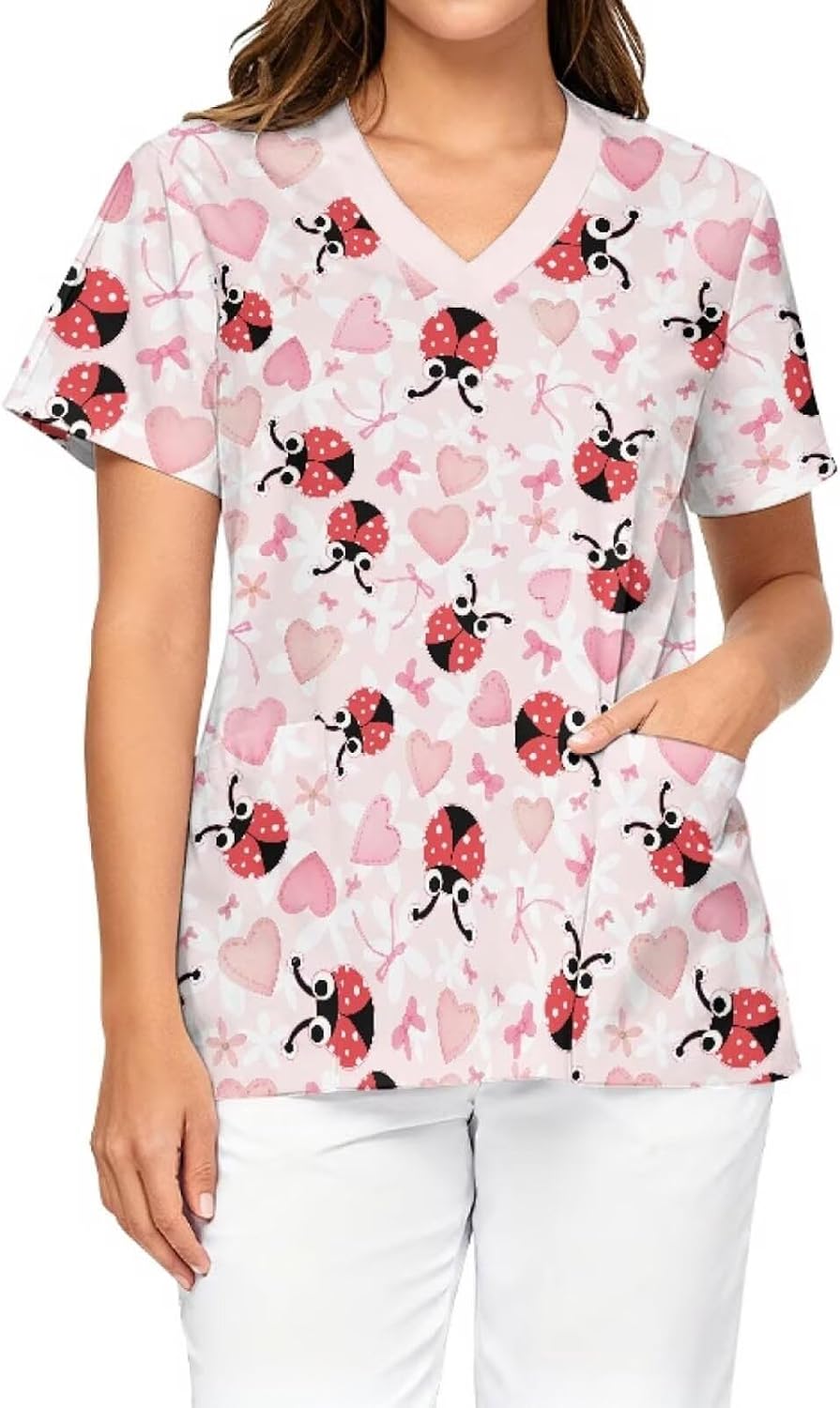 Scrub Tops for Women, Soft Stretch V-Neck Printed & Short Sleeve Nurse Shirts with 2 Pockets