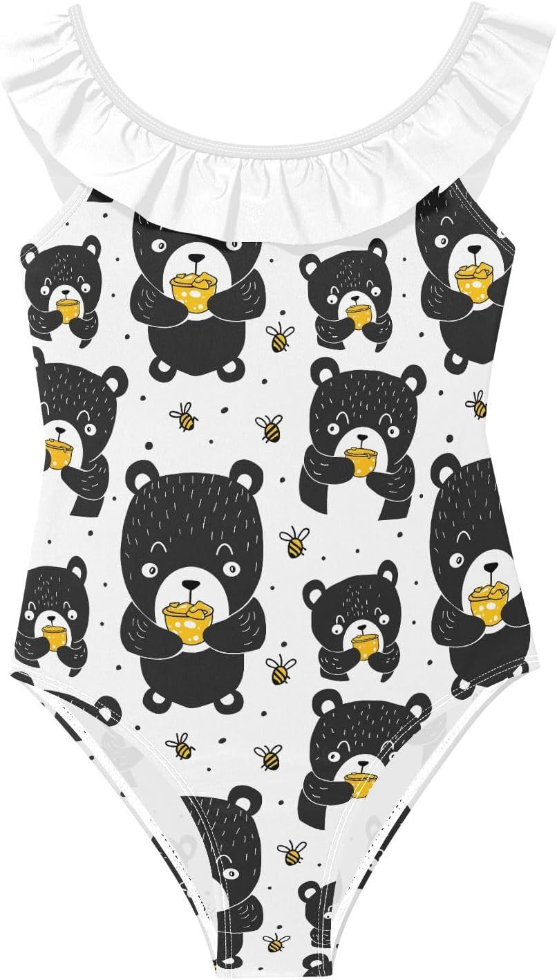 visesunny Girls One Piece Swimsuits Ruffle Swimwear Black Bear Bee Funny Bathing Suits for Girls 3-6Y