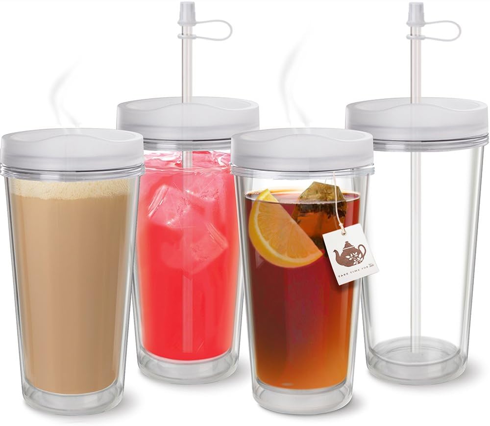 12 Oz Clear Insulated Tumblers, 4 Pack Small Tumblers with Lid and Straw, Reusable Double Wall Plastic Insulated Glass Tumblers for Both Hot and Cold Drinks for Child and Birthday Party Daily Use
