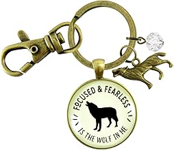 Wolf Keychain Boho Rustic Handmade Womens Message Bronze Fashion Jewelry Key Ring Fob Purse Clip For Women Gift Box