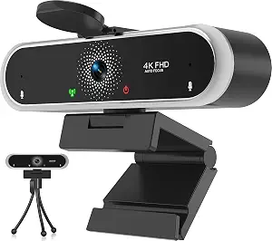 4K Webcam with Microphone & Privacy Cover for PC/Laptop, Plug & Play, Auto Light Correction