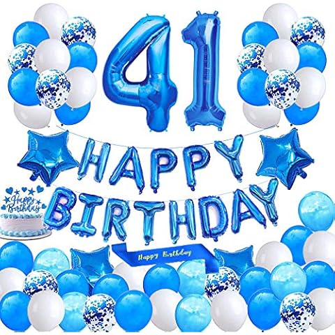 Minhero Lee Blue 41st Birthday Decoration Happy Birthday Banner Number 41 Balloons Blue Happy Birthday Sash Cake Topper Latex Confetti Balloons for Boys Men 41 and 14 Years Old Birthday Party supplies Cover