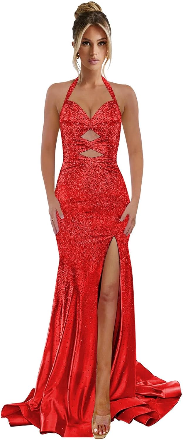 Halter Sequin Prom Dresses for Women Mermaid Long Evening Maxi Dress Sparkly Ball Gown with Slit