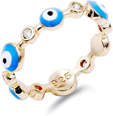 Lavencious Solid 925 Sterling Silver Evil Eye Ring With Rhodium/Gold Plated, Evil Eye with Enamel and AAA CZ comfort Fit for Women Size 4 to 10